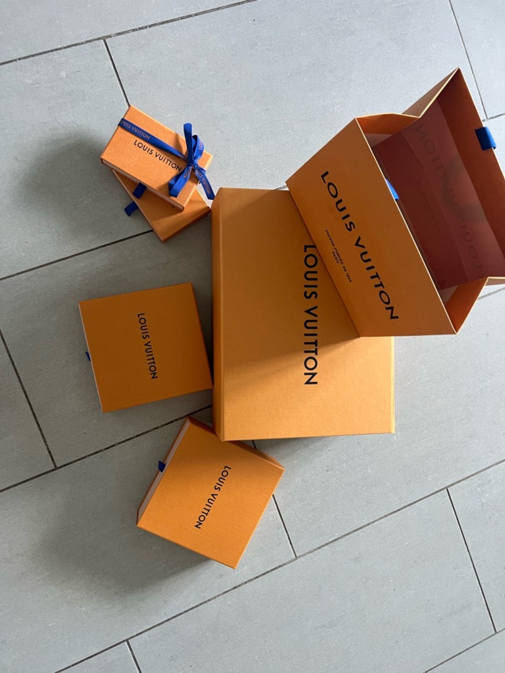 Louis Vuitton Orange Boxes with Blue Ribbon Accents - Assorted Set